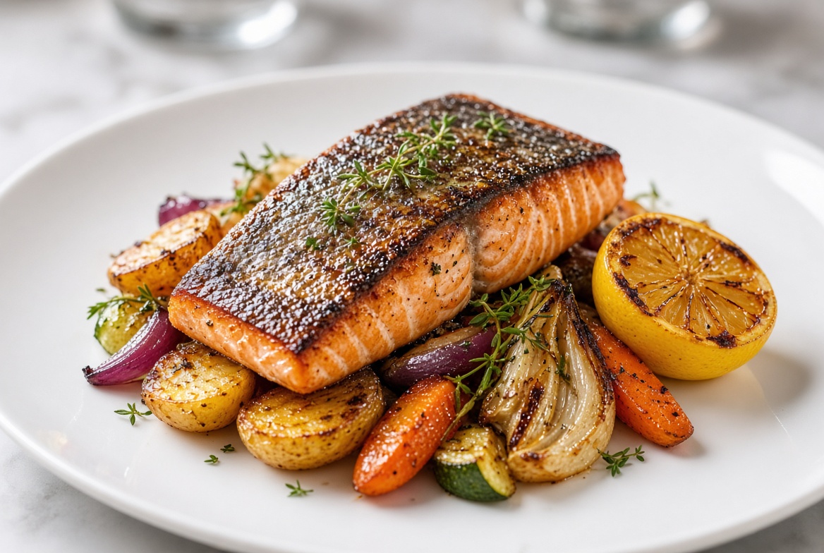 Grilled salmon with vegetables